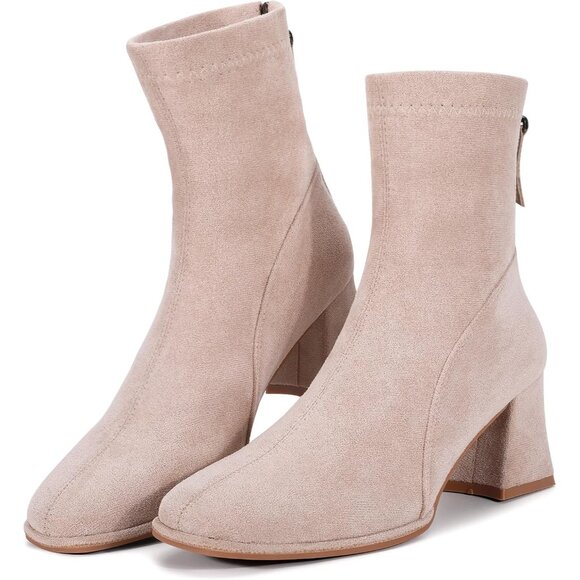Shoes - Women's Apricot Square Toe Ankle Boots Faux Suede Low Block Heel Chelsea Boots